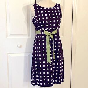Jessica Howard Brown & White Geometric Sheath with Lime Green Ribbon Belt